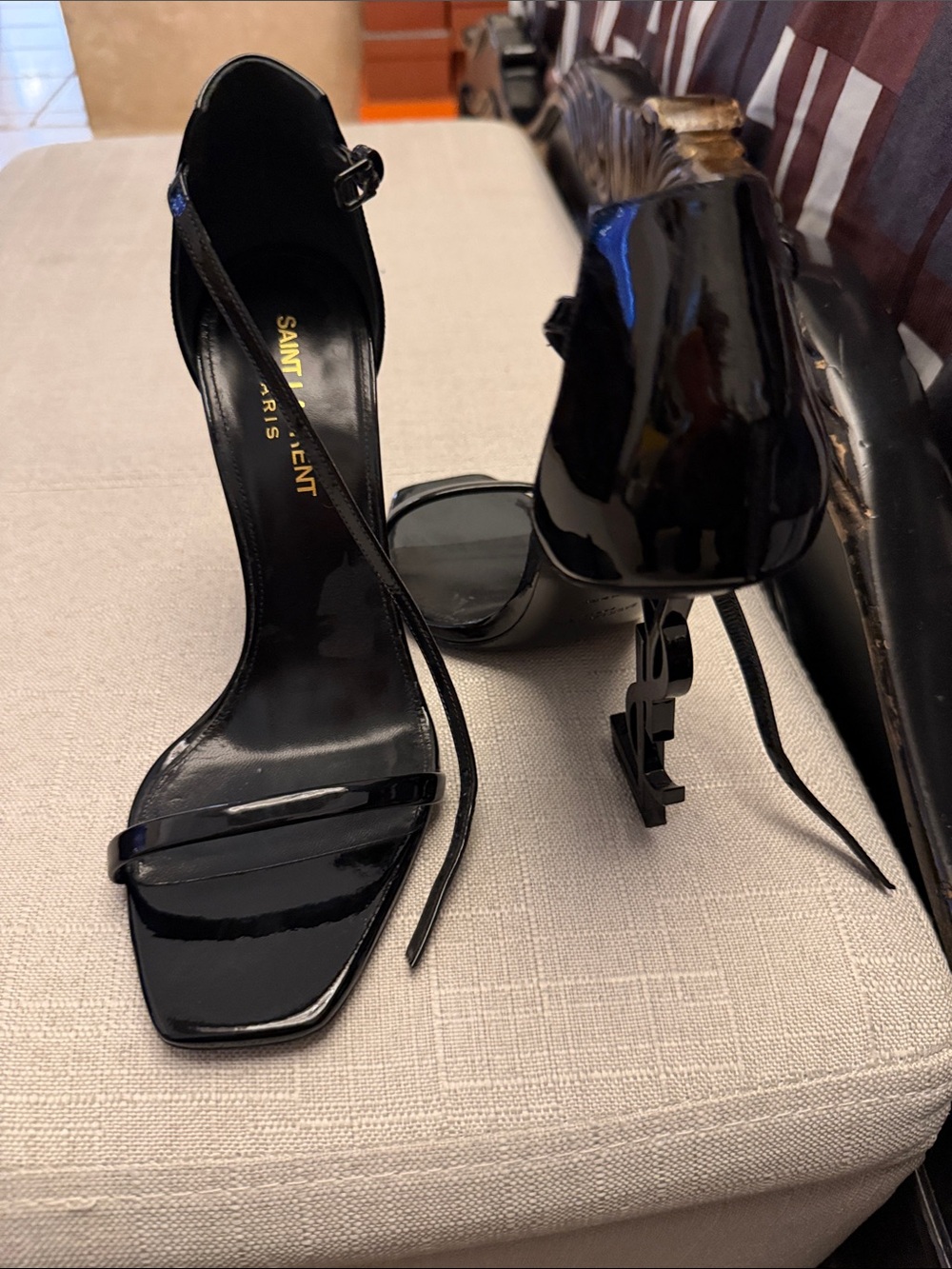 Saint Laurent Black Patent Leather YSL-Logo Heel Sandals